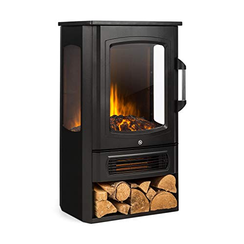 Klarstein Bormio Panorama - Elektrischer Kamin, 1000/2000W, 3-teiliges Panorama-Sichtfenster, Thermostat, zuschaltbare Heizung, integrierter Überhitzungsschutz, Stauraum für Holzscheite, schwarz