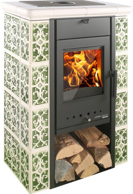 Haas + Sohn Kaminofen »TIROL343.15 s/g/w«, 6 kW, Zeitbrand, (1-tlg), Keramik grün/weiss